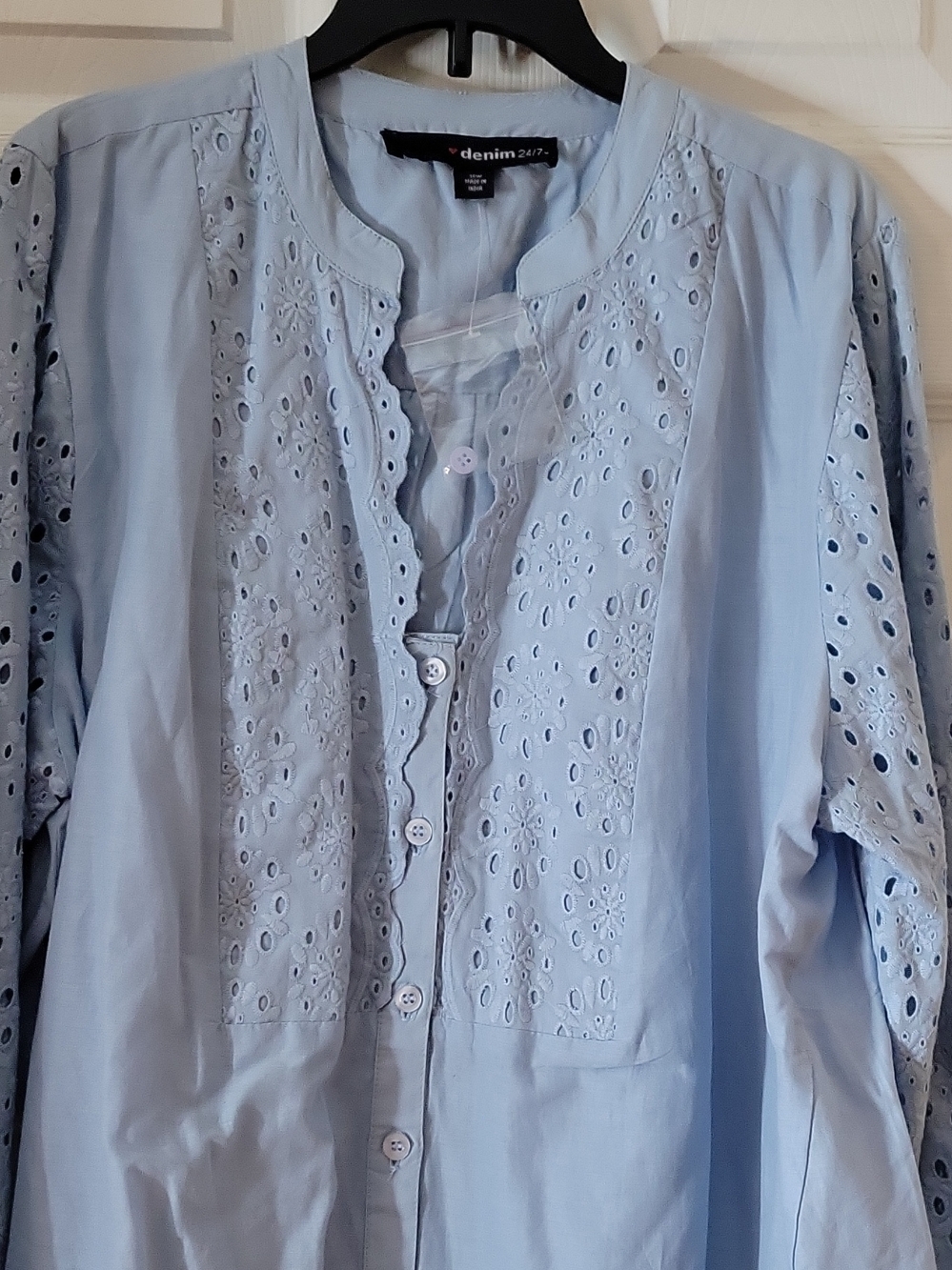 Denim 24/7 Light Blue Eyelet Button-Front Top